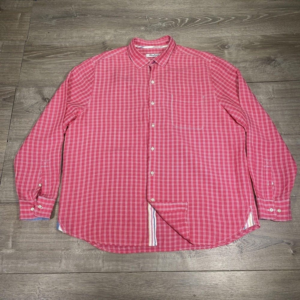 Tommy Bahama Shirt Mens XL Red Plaid Linen Tencel Blend Long Sleeve Button Down